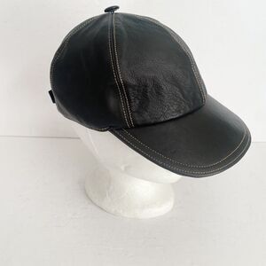 All Leather Strap Back Adjustable Hat Black Biker Orange Stitch‎ Baseball Lined